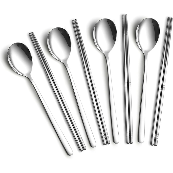 Металеві палички для їжі tiokin, 5 пар, 9,5 дюймів, преміум-класу, багаторазові палички для їжі з нержавіючої сталі 304, корейські квадратні, легкі, нековзні, можна мити в посудомийній машині (4 пари паличок для їжі та 4 ложки для супу)