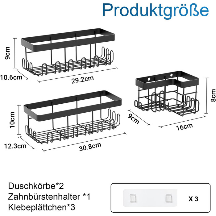 В-1 Покращена полиця для душу з нержавіючої сталі Вантажопідйомність 15 кг Потовщення 10 мм Висота 6 см 22 гачки Нержавіючий органайзер для кутової полиці для душу, без свердління - міцні клейкі прокладки, чорний (чорний), 3-