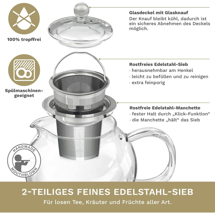 Скляний чайник Creano 1.3 л, скляний чайник із 3 частин із вбудованим ситечком з нержавіючої сталі та скляною кришкою, ідеально підходить для приготування сипучих чаїв, без крапель, універсальний (1,7 л тепліше)