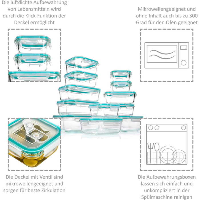 ПЕВЕЦ Ящик для хранения с крышкой 24 шт. (12 контейнеров и 12 крышек), Набор стеклянных банок для хранения, Ящики для приготовления пищи с морозильной камерой, Посуда для микроволновой печи без бисфенола А, Герметичные банки для хранения бирюзового цвета