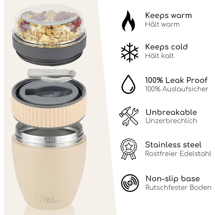 Стаканчик для пластівців Milu на винос 400 мл з назвою MsliMax для йогурту герметичний стаканчик з ложкою (бежевий, нержавіюча сталь)