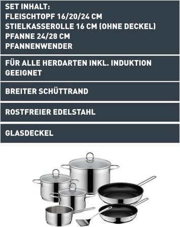 Набір посуду для індукції, 7 предметів каструлі зі скляними кришками, сковорода з лопаткою, полірована нержавіюча сталь. Підходить для всіх типів плит, без внутрішньої розмітки.
