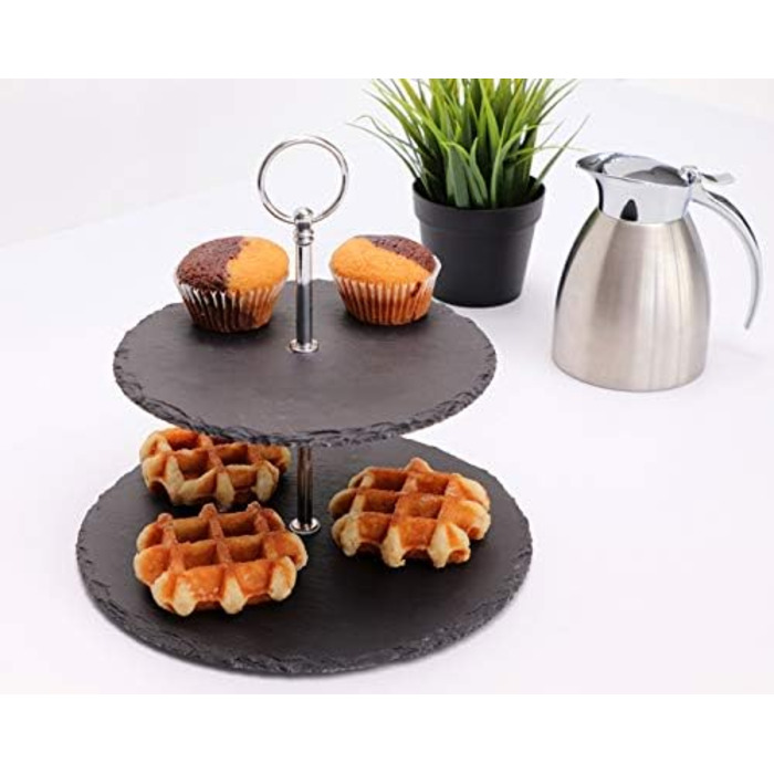 Ярусная подставка для торта, сланцевые плиты, Ø 30 см, Ø 25 см, Ø 20 см, H34 см, древесина акации (28 x 35 x см), 3-