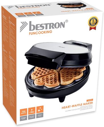 Вафельница Bestron для классических вафель с сердцем, вафельница с антипригарным покрытием для вафель в форме сердца, 700 Вт, цвет (черный, одинарный)