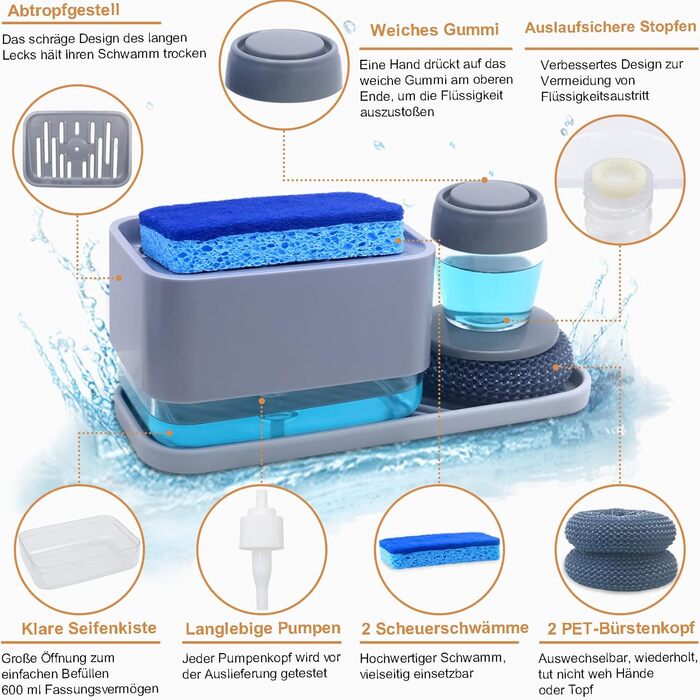 Диспенсер для миючого засобу для кухонної раковини з тримачем для губки HvOvMvE