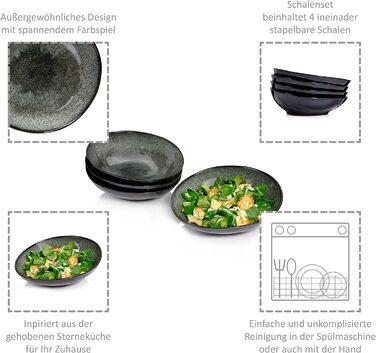 СПІВАЧКА Набір тарілок Копенгаген 12 шт. , Набір посуду з керамограніту 4 персони, Обідній сервіз з обідніми тарілками, Тарілки для сніданку та глибокі тарілки, Набір обідніх тарілок Можна мити в посудомийній машині, Столовий сервіз Green Grey (салатники 