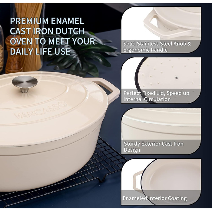 Чавунна сковорода Vancasso, чавунна каструля з кришкою, емальоване покриття об&39ємом 5 л, індукційна запіканка, каструля, чавунна сковорода для всіх типів плит, підходить для індукції, кругла, кремово-біла, 5 л біла (білий, 37 см)