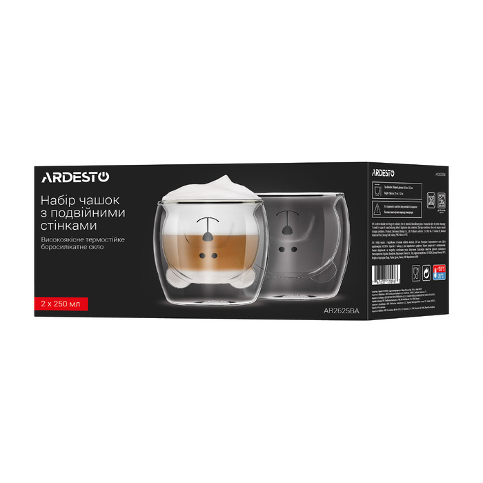 ARDESTO Набор чашек с двойными стенками Animals, 250мл, 2шт, боросиликатное стекло, прозрачный
