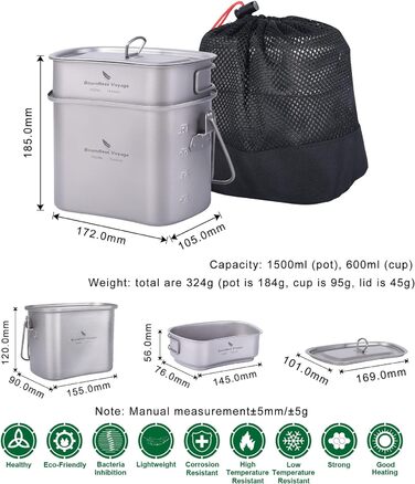 Титановий посуд для кемпінгу 600 та 1500 мл iBasingo