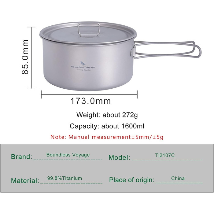 Титановая кастрюля для кемпинга 1,6 л Boundless Voyage