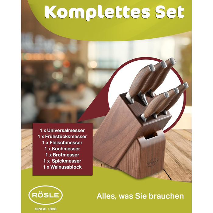 Блок ножів RSLE Basic Line - Високоякісний 6-предметний бамбуковий блок ножів з 5 кухонними ножами, набором гострих ножів зі спеціальної сталі та ергономічними ручками. Базовий 6-предметний блок ножів (7-предметний блок ножів Passion)
