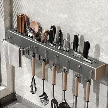 Тримач для посуду, настінна підставка для кухонного начиння, підвісний органайзер для зберігання зі знімним гачком, органайзер великої місткості для ножів, столових приборів, лопаток (6 гачків)