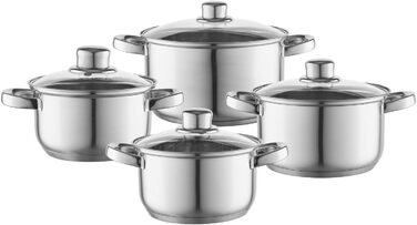 Набір посуду FLORINA 4 предмети Нержавіюча сталь 18/0 Кришка із загартованого скла Для індукційних, газових, електричних та керамічних варильних поверхонь Можна мити в посудомийній машині Високоякісний набір посуду для кожної кухні (8 предметів, Polpo)