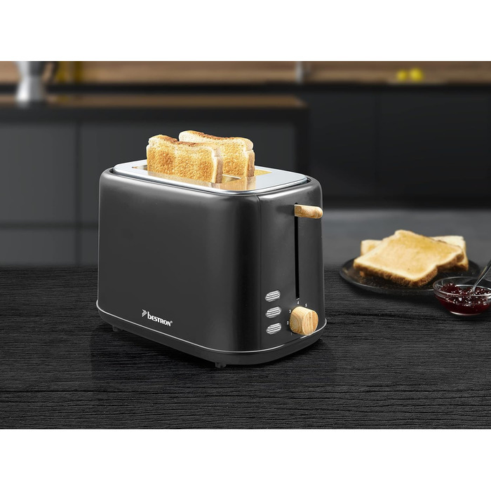 Тостер Bestron з 2 камерами для обсмажування, піддоном для крихт і насадкою для смаження булочок хліба, 1 000 Вт, нержавіюча сталь під вигляд (чорний / дерев'яний, одинарний)