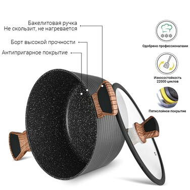 Каструля зі скляною кришкою 24 см 4,5 л DIAMOND GREY Fissman