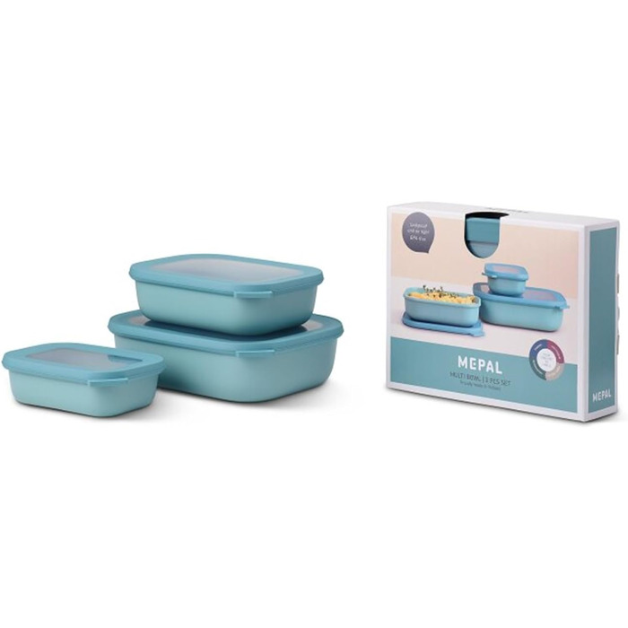 Прямокутний набір Cirqula Multi Bowl з 3 предметів - Банки для зберігання з кришкою - Підходить як ящик для зберігання, холодильник, морозильна камера та посуд для мікрохвильової печі - 750, 1500 і 3000 мл - (Nordic Green, набір 3 шт. и (500, 1000, 2000 м