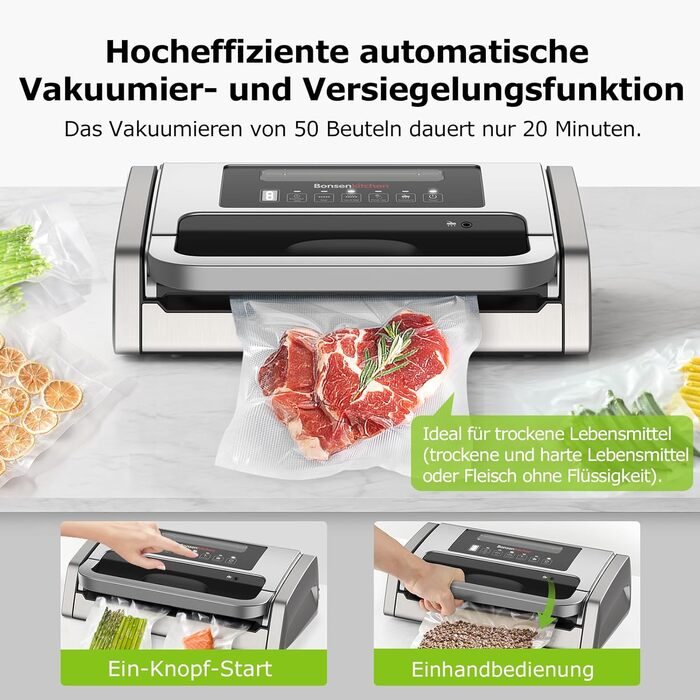 Вакуумний пакувальник з нержавіючої сталі та 2 вакуумних рулони, 15 л/хв 125 Вт Bonsenkitchen