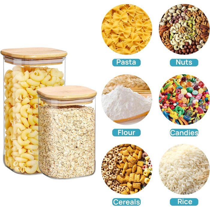 Набір Vtopmart з 7 банок для зберігання з кришками, банки для зберігання Банки з кришками, банки для зберігання з дерев'яними кришками для зберігання спагетті (квадрат-3 упаковки 54 унції)