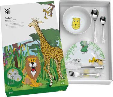 Детские столовые приборы WMF с выгравированным именем - Набор столовых приборов Сафари с миской и тарелкой - Рождественские подарки для детей - Персонализированные идеи подарков для детей - 6 шт. (без гравировки, одинарные)