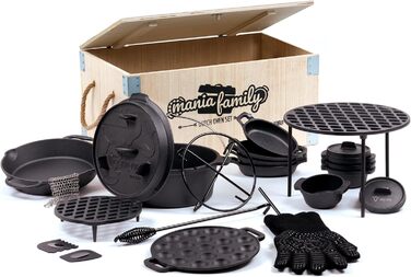 Набір голландської печі барбекю-Торо в дерев'яній коробці, чавун, попередньо приправлений, набір гриля з голландською духовкою, дерев'яна коробка, сковорода, каструля, сковорода, підставка, підйомник кришки (19 предметів)