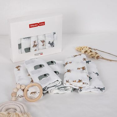 Муслінові серветки GLLQUEN для немовлят, 6 шт. бавовняних серветок для відрижки, 70 см x 70 см, абсорбуючі та дихаючі, ідеально підходять для очищення, витирання та покриття новонароджених (тваринки, 6 шт.)