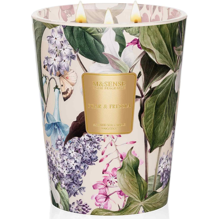 Ароматична свічка M&SENSE надзвичайно велика, час горіння 150 годин, натуральна ароматерапевтична свічка з 3 гнітами, сильний аромат, тривале горіння, подарункова свічка та прикраса для дому, подарунки для жінок (990 г, груша фрезія)