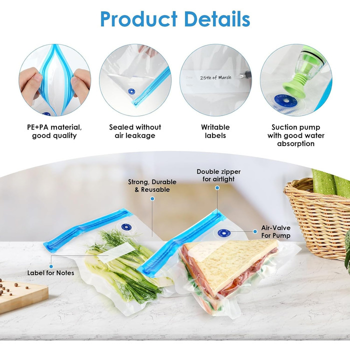 Набір з 15 вакуумних пакетів для продуктів з насосом 21,7 х 20,9/21,7 х 28/ 25,8 х 33,7 см Vachelper