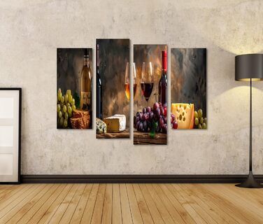 Друк на полотні Сільський натюрморт з пляшками вина, келихами, виноградом, сиром, хлібом на дерев&39яному столі Картини Настінний художній постер (полотно 130x80 см - 4 частини)