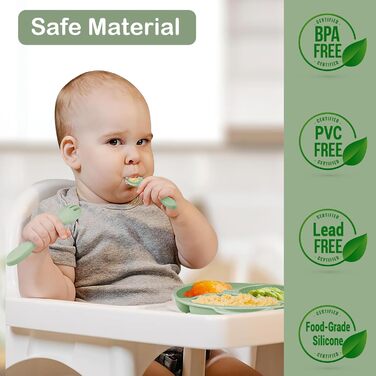 Силіконовий набір дитячого столового посуду Bizcasa з 9 предметів, нековзкий набір дитячого столового посуду, дитячий столовий посуд із присоскою, нековзна дитяча миска, дитяча тарілка, дитячий набір столових приборів для малюків, без BPA (темно-зелений)