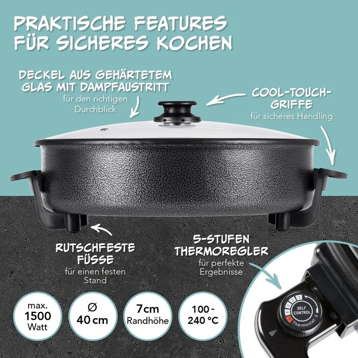 Электрическая многофункциональная сковорода 40 см с терморегулятором, стеклянной крышкой и антипригарным покрытием, 1500 Вт нержавеющая сталь GOURMETmaxx