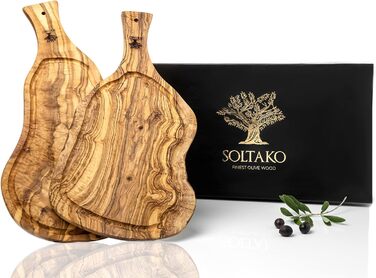 Дошка для стейків з оливкового дерева, дошка з оливкового дерева Обробна дошка, дерев'яна дошка, дошка для сервірування, дошка для сніданку, сирна дошка сільська довжиною приблизно від 40 до 43 см, товщиною приблизно 2 см (40-43 см, набір з 2 рустикальних