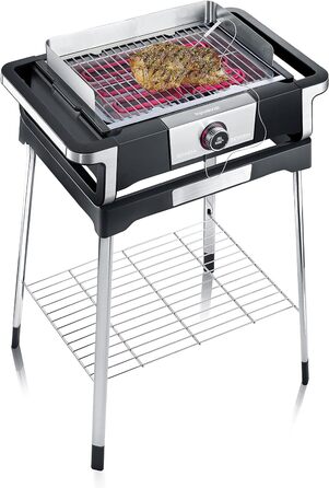 Електрогриль SEVERIN SENOA DigitalBOOST для приміщень та вулиці, настільний гриль зі швидким запуском гриля до 500 C, балконний гриль з поверхнею SafeTouch, нержавіюча сталь/чорний, PG 8114 (стоячий гриль з OLED-дисплеєм, комплект із захисною кришкою 90 x