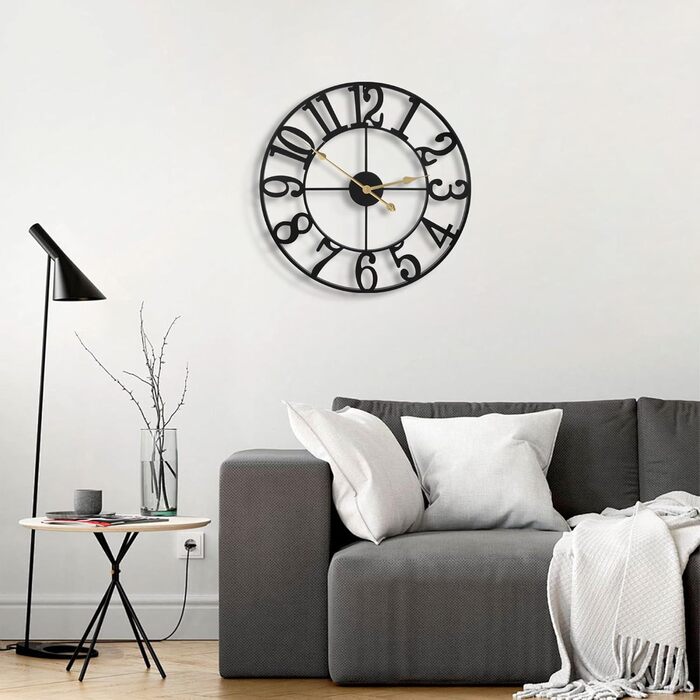 Великий круглий металевий настінний годинник у вінтажному стилі, безшумний, не цокаючий, працює від батареї, 40 см, 16 дюймів, римські цифри, годинники для вітальні, спальні, кухні, настінний годинник-прикраса (чорні арабські цифри, 40 см)
