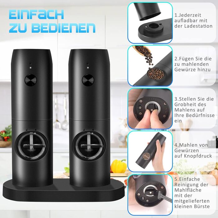 Млин для солі та перцю електричний із зарядною базою, 2 предмети, чорний MILFECH