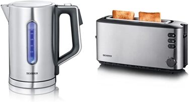 Цифровий чайник SEVERIN зі швидкістю швидкого кип'ятіння та індивідуальним вибором температури, об'єм наповнення 1,7 л XXL, матова нержавіюча сталь / чорний, 3000 Вт, 100 без бісфенолу А, WK 3418 (комплект із тостером із довгим отвором чорний)