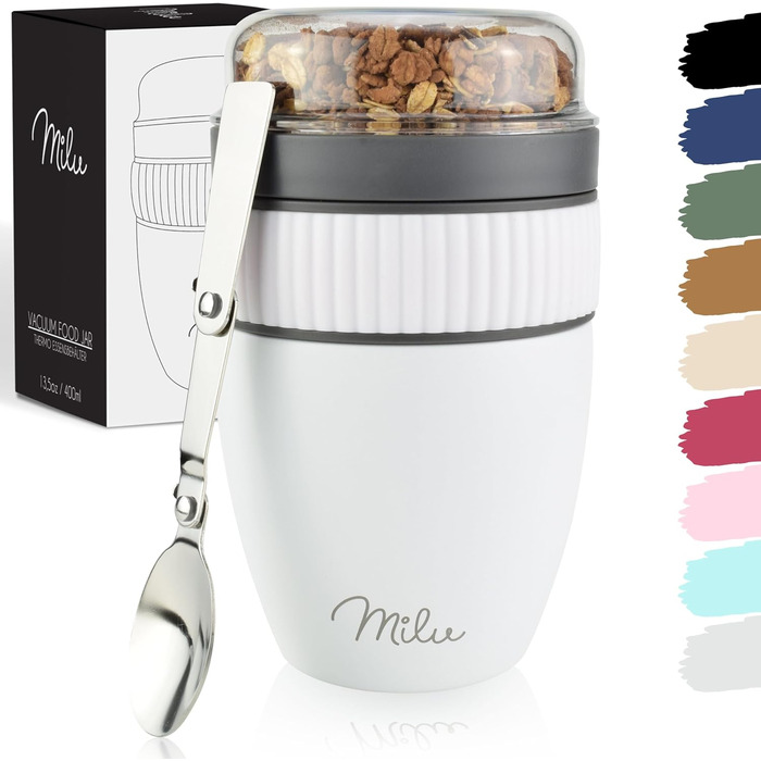 Стаканчик для пластівців Milu 400 мл з назвою MsliMax для йогурту герметичний стаканчик з ложкою (білий, нержавіюча сталь)
