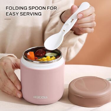 Герметичний ізольований харчовий контейнер, термоконтейнер, нержавіюча сталь, вакуумний харчовий контейнер з ложкою, для школи, роботи, пікніка (одношаровий) (рожевий)