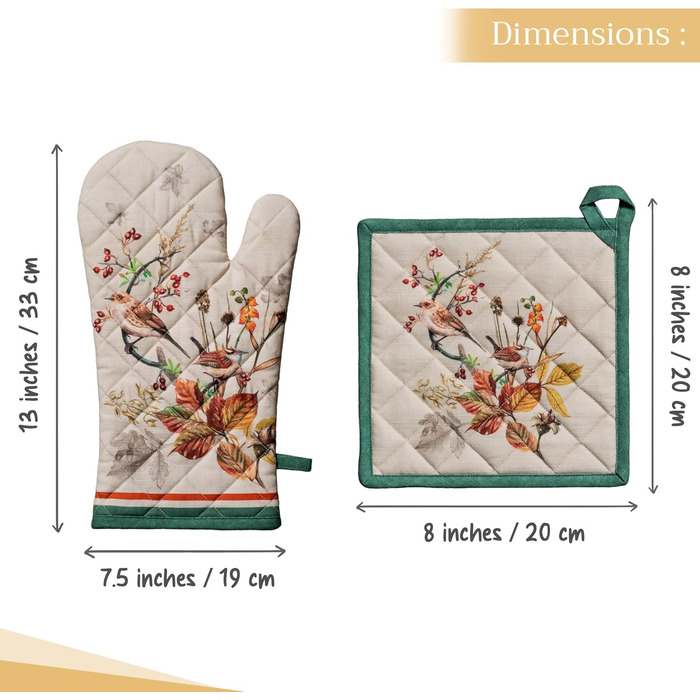 Рукавички для духовки Maison d&39 Hermine, Прихватки для каструль, 100 бавовна, термостійкі кухонні рукавички, рукавички для духовки (19 см x 33 см) та прихватки для каструль (20 см x 20 см) для приготування їжі, Morzine - Рукавички для духовки (19 x 33 с