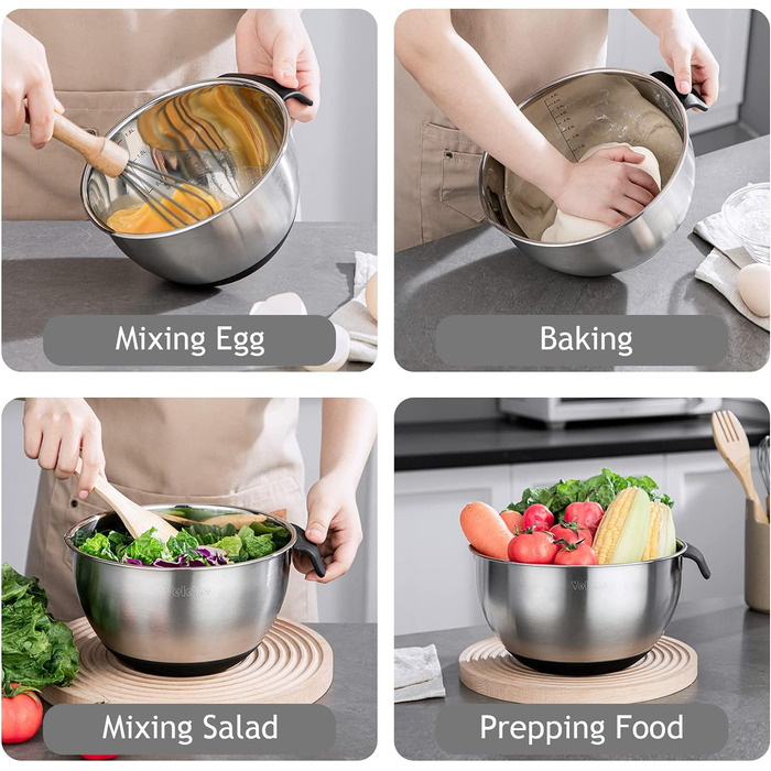 Набір мисок з нержавіючої сталі, 5 предметів з кришкою, миска для змішування з 3 терками, 5 л 3 л 2 л 1,5 л 1,5 л 1 л Velaze