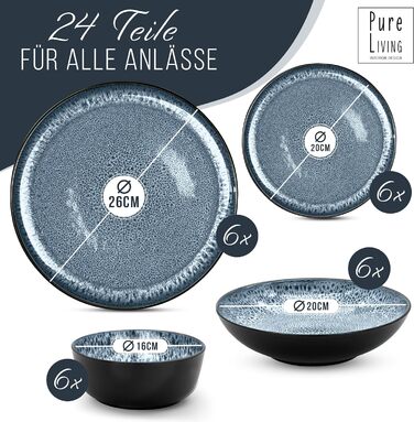Набір посуду з керамограніту на 6 персон, 24 предмети, чорний/димчасто-синій Ibiza Pure Living