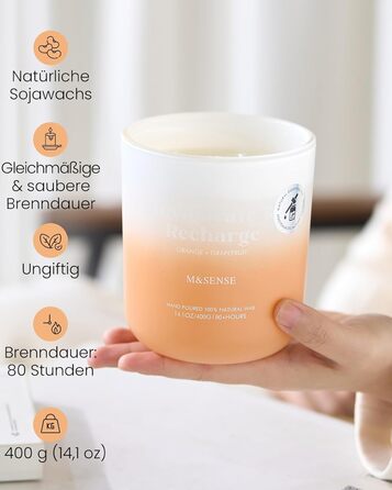 Ароматичні свічки M&SENSE Сосна та кедр у банці, велика соєва свічка 400 г з двома гнітами, час горіння 80 годин, ароматерапевтична свічка для йоги, спа та медитації. Подарунок для дівчини, дружини або матері. Сосна та кедр (апельсин та грейпфрут)