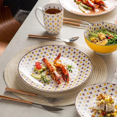 Порцеляновий набір посуду Haruka, 48 шт. Набір круглий комбінований сервіз на 12 осіб, включає кружки, піали, десертні тарілки та обідні тарілки (тюльпан, набір посуду з 48 предметів)