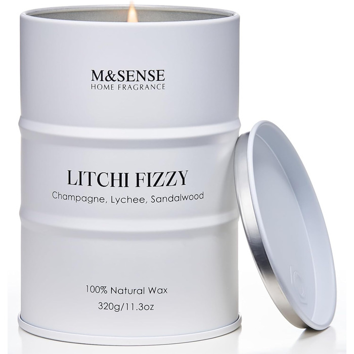 Ароматичні свічки M&SENSE з натурального соєвого воску, натуральна соєва свічка для домашнього декору, тривалий час горіння до 70 годин, класні подарунки для чоловіків та жінок (320 г, лічі, шипучі)