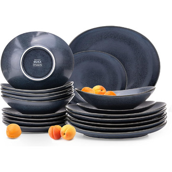 Набор посуды Combi на 6 персон - TIME BLACK Набор тарелок для микроволновой печи Modern 18 шт. - Можно мыть в посудомоечной машине Твердый фарфоровый сервиз - Обеденная тарелка Тарелка для завтрака Суповая чашка 18 шт. (Черный / Графитовый / Темно-синий, 