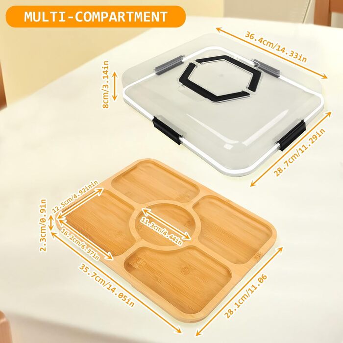 Коробка для снеків Clyfanesy з 6 відділеннями, розділений дерев&39яний піднос з кришкою та ручкою, портативний органайзер для коробки для снеків, практичний піднос для дивана, герметичний органайзер для тарілок для снеків та горіхів, 6 відділень (5 відділ