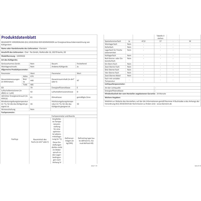 Міні-холодильник зі скляними дверцятами 47 л білий Klarstein