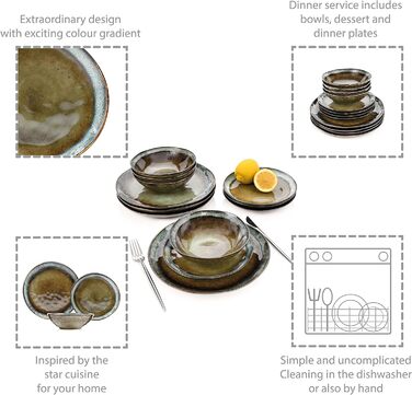 СПІВАЧКА Обідній сервіз Asti Stoneware, набір посуду з 12 предметів для 4 осіб, темний та унікальний дизайн, сучасний