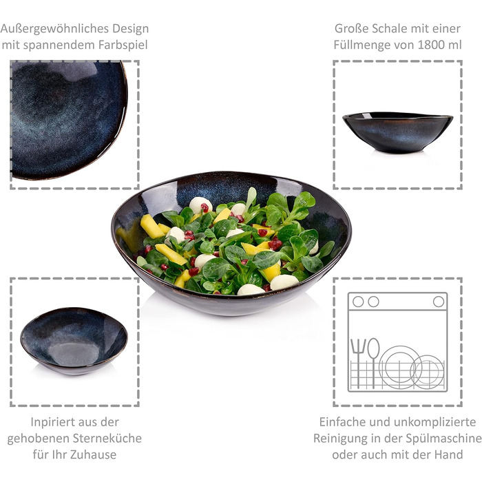 СПІВАЧКА Тарілка для пасти Токіо 4 шт., Тарілка для спагетті 4 персони, Набір посуду з кераміки Макарони, Тарілка з локшиною Можна мити в посудомийній машині, Миска для макаронів ручної роботи, Миска для макаронів синьо-чорна з коричневими вставками 1,2 л