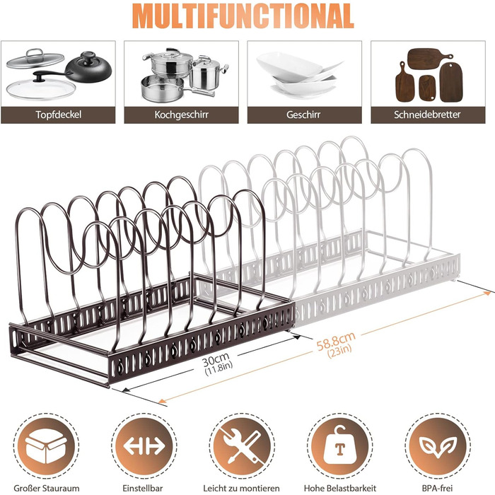 Підставка для посуду розсувна 58,8 x 18 см, на 7 відділень, темно-коричнева MASTERTOP
