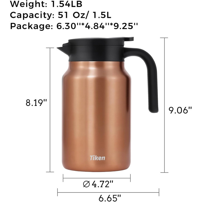 Термоглечик для кави 1,5 л з двостінної нержавіючої сталі, мідний Tiken